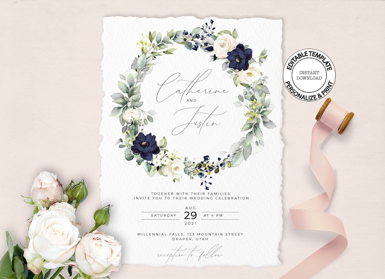May include: A wedding invitation featuring a watercolour wreath of white and blue flowers. The invitation reads "Catherine and Justin" with the wedding date and time. The text "Together with their families invite you to their wedding celebration" is also included.