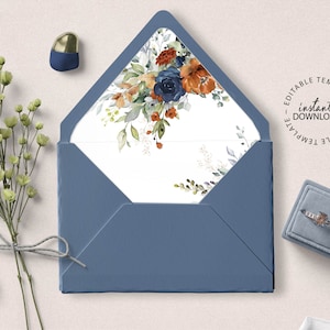 SIA - Printable Envelope Liner Template, A7 Euro Flap Envelope Liners, Navy Blue and Burnt Orange Floral Envelope Liner, W208