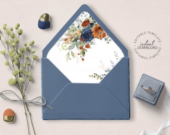 SIA - Printable Envelope Liner Template, A7 Euro Flap Envelope Liners, Navy Blue and Burnt Orange Floral Envelope Liner, W208