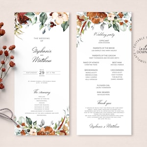 ELINA - Burnt Orange Floral Wedding Program Template, INSTANT DOWNLOAD, Editable Fall Catholic Church Program, Wedding Schedule Program, W45