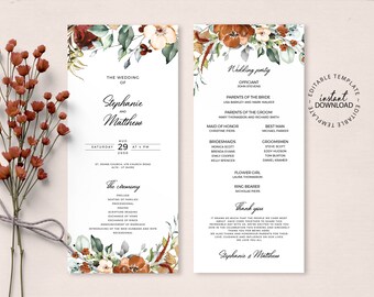 ELINA - Burnt Orange Floral Wedding Program Template, INSTANT DOWNLOAD, Editable Fall Catholic Church Program, Wedding Schedule Program, W45