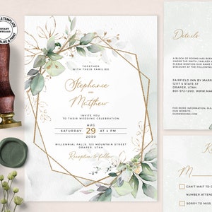 MEIRA - Editable Geometric Wedding Invitation Set, Greenery and Faux Gold Wedding Invite Bundle, Foliage Wedding Invites Suite, W154