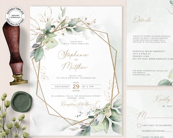 MEIRA - Editable Geometric Wedding Invitation Set, Greenery and Faux Gold Wedding Invite Bundle, Foliage Wedding Invites Suite, W154