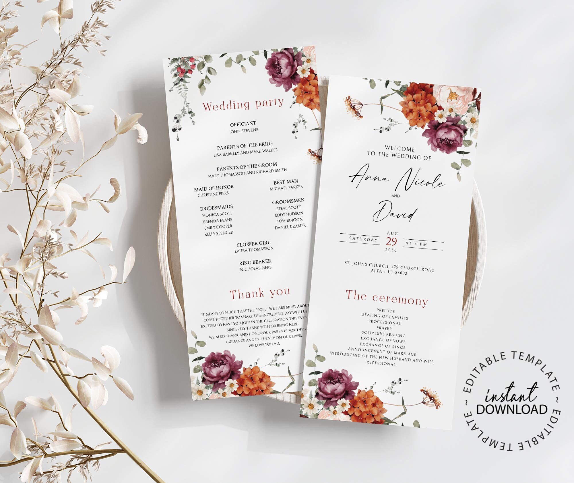 Fall Progrm Template Editable Fall Floral Wedding Program Template, INSTANT DOWNLOAD, Burnt ...