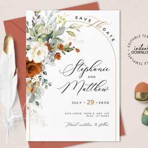 LYRA - Burnt Orange and White Floral Save the Date, Editable Save the Date Template, Terracotta Save the Dates, INSTANT DOWNLOAD, W179