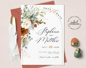 LYRA - Burnt Orange and White Floral Save the Date, Editable Save the Date Template, Terracotta Save the Dates, INSTANT DOWNLOAD, W179
