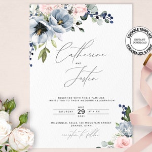 Editable Blue and Blush Wedding Invitation Template, INSTANT DOWNLOAD, Light Blue and Pink Floral Wedding Invite, 5x7", W34