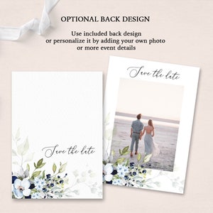 May include: Two save the date cards with a watercolor floral design in shades of blue and green. The text "Save the Date" is written in cursive on both cards. One card features a photo of a couple standing on a beach.