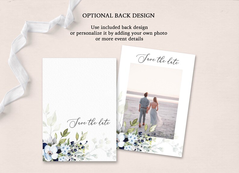 May include: Two save the date cards with a watercolor floral design in shades of blue and green. The text "Save the Date" is written in cursive on both cards. One card features a photo of a couple standing on a beach.