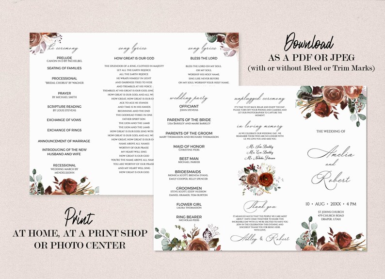 Editable Wedding Program Template, INSTANT DOWNLOAD, Fall Floral Catholic Folded Program, Burnt Orange and Rust Wedding Schedule , W151 bild 4