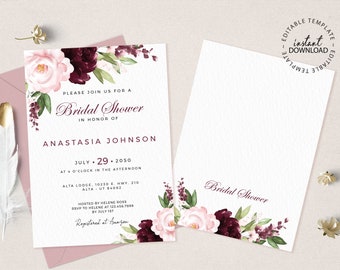 Burgundy Floral Bridal Shower Invitation, INSTANT DOWNLOAD, Blush and Wine Red Shower Invite template, Editable invitations, W150
