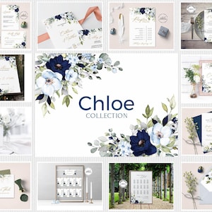 CHLOE - Blue and Gold Floral Wedding Invitation Template, Navy Wedding Invite Set, Editable Invitation Bundle, INSTANT DOWNLOAD, W159