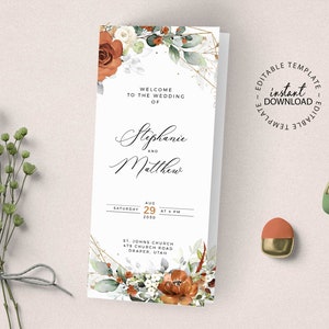 LYRA - Editable Wedding Program Template, INSTANT DOWNLOAD, Orange Floral Wedding Trifold Program, Catholic Church Ceremony Schedule, W179