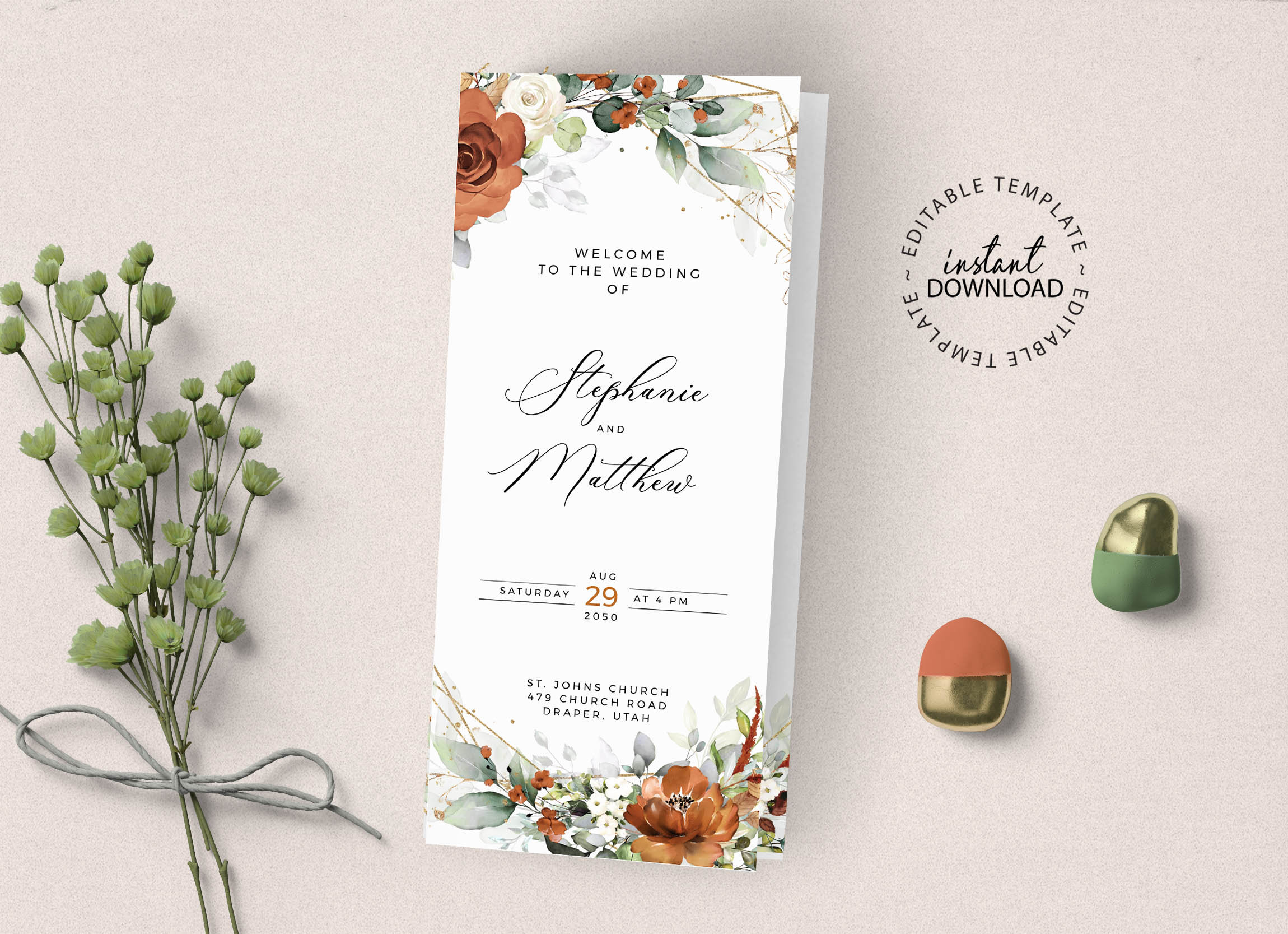 LYRA - Editable Wedding Program Template, INSTANT DOWNLOAD, Orange Floral Wedding Trifold Program, Catholic Church Ceremony Schedule, W179