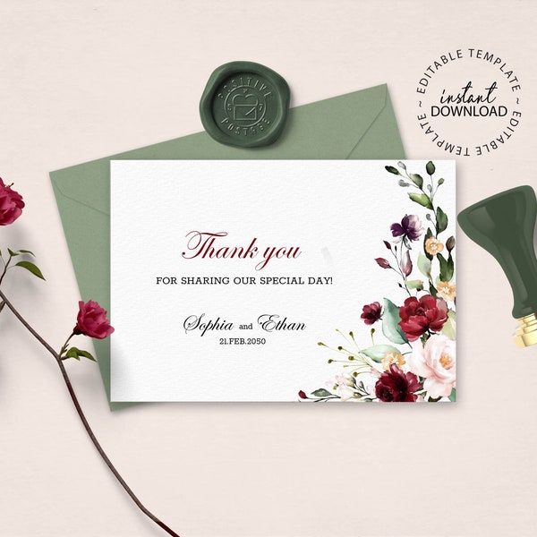 Floral Thank You Card Template, Flat or folded, INSTANT DOWNLOAD, Burgundy and Blush Roses Flowers Wedding Thank You Cards, W94