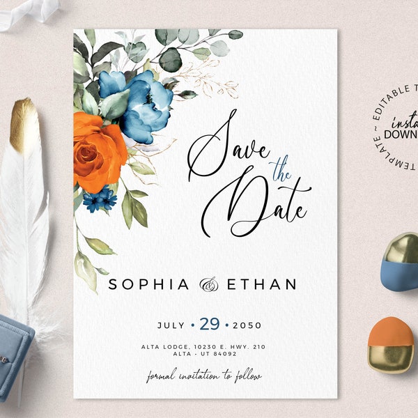 Blue and Orange Save The Date, Editable Save the Date Template, INSTANT DOWNLOAD, Printable Floral Wedding Save the Dates, W202