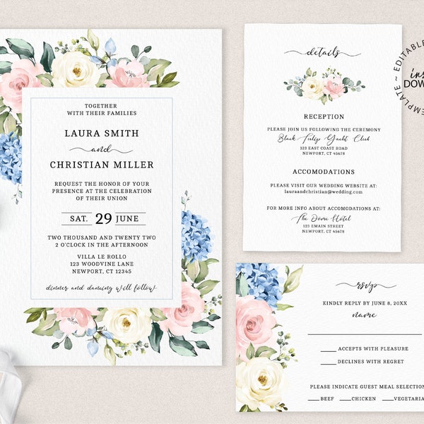 Editable Pink Blue and Ivory Wedding Invitation Set, INSTANT DOWNLOAD, Pale Rose and Baby Blue Floral Wedding Invite Rsvp and Details, W182