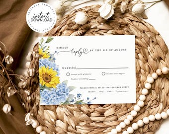Editable RSVP card with Sunflowers and Hydrangeas, INSTANT DOWNLOAD, Blue and Yellow Rustic Wedding Reply Cards Templates, W269