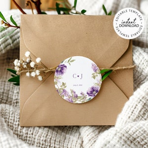 Printable Wedding Stickers Template with Lilac Flowers, Round Floral Editable Wedding Favor Label, Printable Wedding Envelope Seals, W276