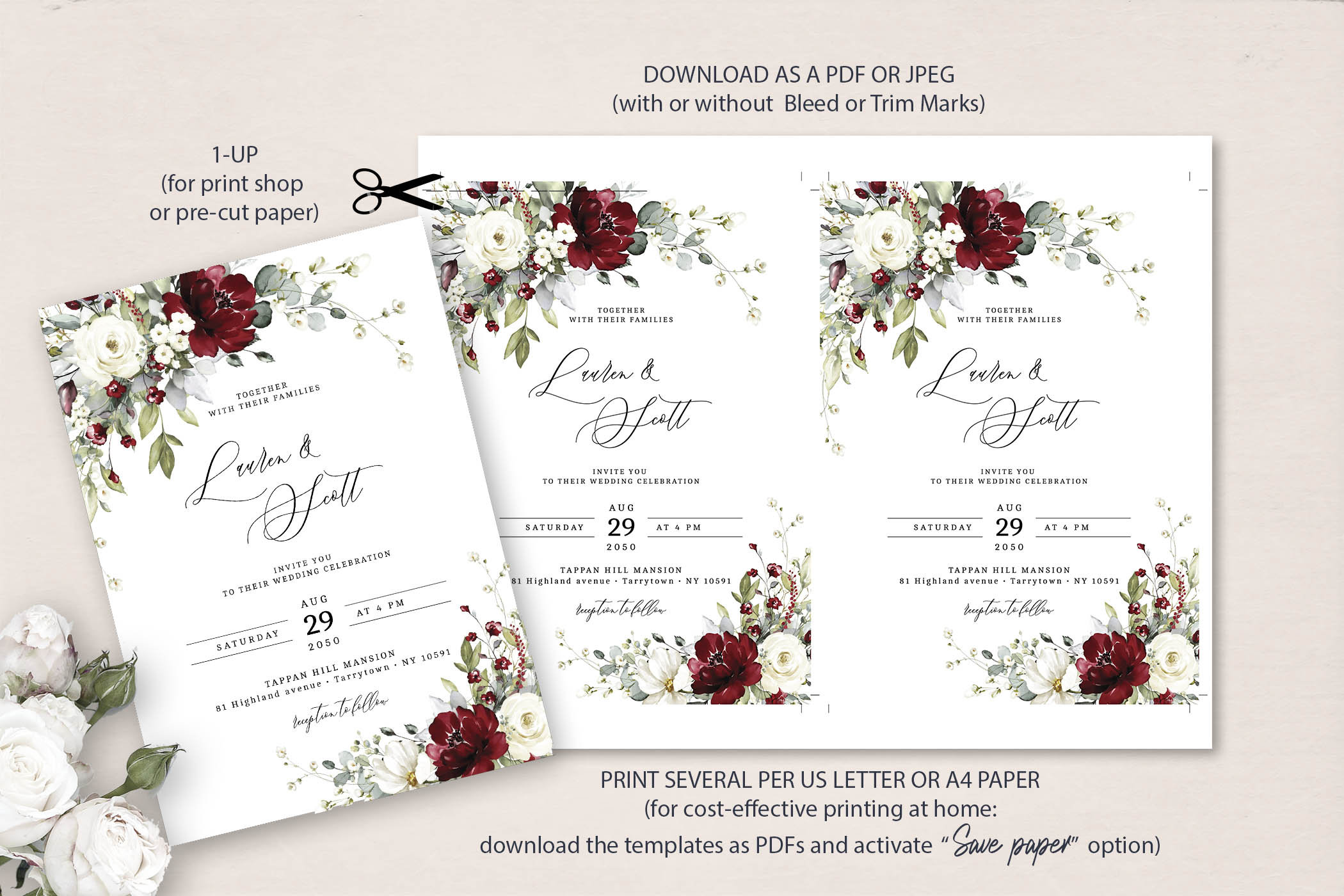 Red and White Floral Wedding Invitation Suite, Editable Template ...