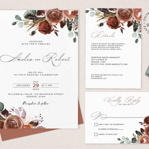 Burnt Orange Wedding Invitation, Rust Floral Wedding Invite Set, RSVP and Details card, Editable Fall Invitations, Autumn Invites, W151