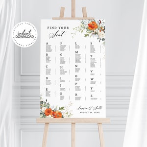 Editable Wedding Seating Chart Template, Orange Floral Alphabetical Order Seating Plan Poster, INSTANT DOWNLOAD, Wedding Guests List, W230