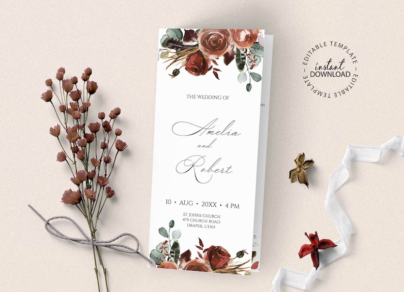 Editable Wedding Program Template, INSTANT DOWNLOAD, Fall Floral Catholic Folded Program, Burnt Orange and Rust Wedding Schedule , W151 bild 1