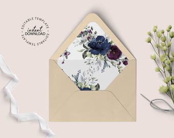 May include: A tan envelope with an open flap revealing a white liner featuring a floral pattern of dark blue and deep purple flowers with green and grey foliage. The text EDITABLE TEMPLATE INSTANT DOWNLOAD is printed in a circle on the left.