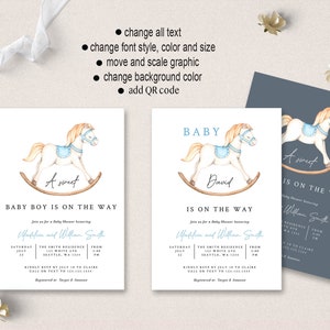 Może przedstawiać: Zaproszenie na baby shower z akwarelową ilustracją konika na biegunach. Zaproszenie zawiera napis "Słodki mały chłopiec jest w drodze" i imiona "Maddie i William Smith".