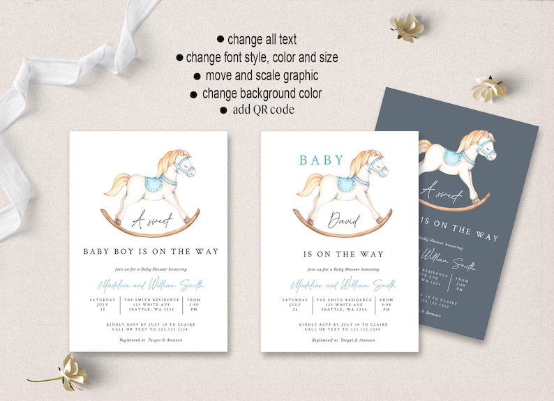 Może przedstawiać: Zaproszenie na baby shower z akwarelową ilustracją konika na biegunach. Zaproszenie zawiera napis "Słodki mały chłopiec jest w drodze" i imiona "Maddie i William Smith".