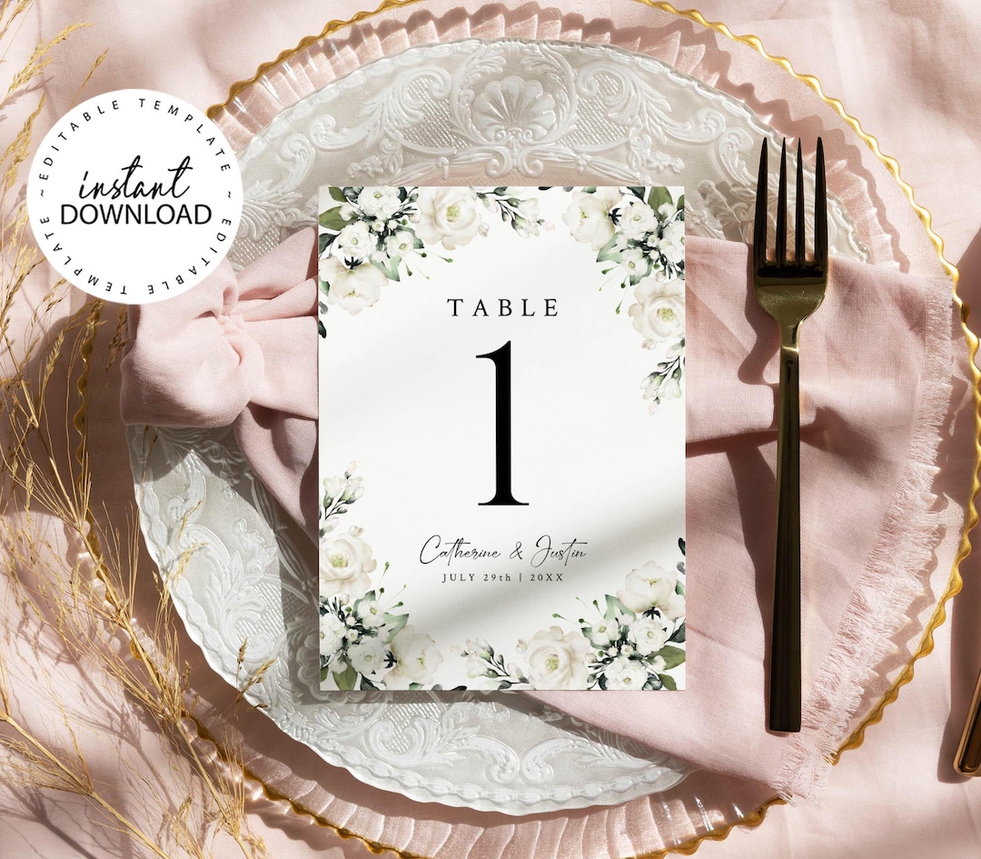 Editable Table Number Template for Wedding or Shower With White Flowers ...