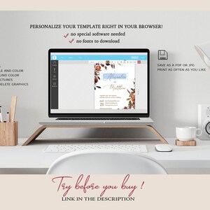 May include: A laptop computer screen displaying a wedding invitation template with a floral design. The text on the invitation reads "Alexandra and Matthew". The text on the laptop screen says "Personalize your template right in your browser! No special software needed. No fonts to download. Save as a PDF or JPG. Print as often as you like. Try before you buy! Link in the description."