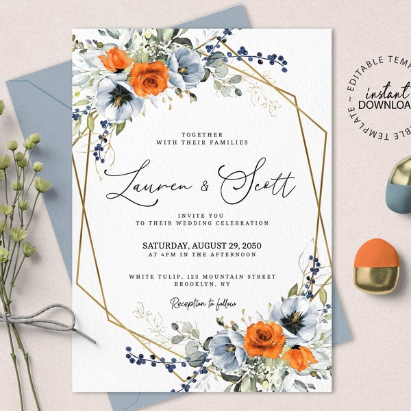 Editable Wedding Invitation with Orange and Blue Flowers, Editable Gold Geometric Wedding Invite template, INSTANT DOWNLOAD, W193