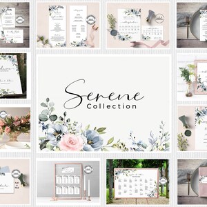 Blue and Pink Floral Wedding Invitation Set, Editable Wedding Suite Collection, Printable Wedding Invite Bundle Templates, Invites Kit, W34