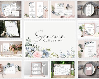 Blue and Pink Floral Wedding Invitation Set, Editable Wedding Suite Collection, Printable Wedding Invite Bundle Templates, Invites Kit, W34
