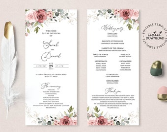 May include: A wedding program template with a floral design featuring pink roses and greenery. The program includes the wedding ceremony details, wedding party, and a thank you message. The text reads "Welcome to the wedding of Sarah and Daniel" and "Wedding Party".