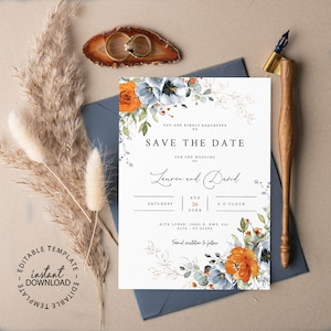 May include: Save the date card with a floral design featuring orange and blue flowers. The card reads "Save the Date" for the wedding of Lauren and David. The date is Saturday, August 26, 20XX at 3 o'clock. The location is Alta Lodge, 10230 E. Hwy. 210, Alta, UT 84092.