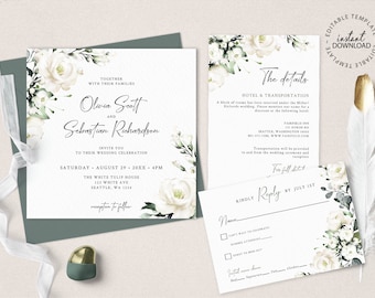 White Floral Editable Wedding Invitation Set, Printable Square Wedding Invites, INSTANT DOWNLOAD, White Flowers Details Card, Rsvp, W119