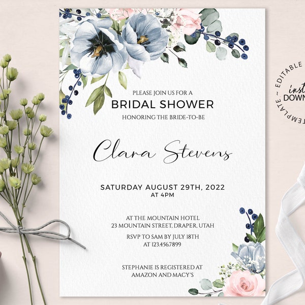 SERENE - Blue and Blush Floral Bridal Shower Invitation Template, INSTANT DOWNLOAD, Editable Powder Blue Bridal Shower Invite, W34