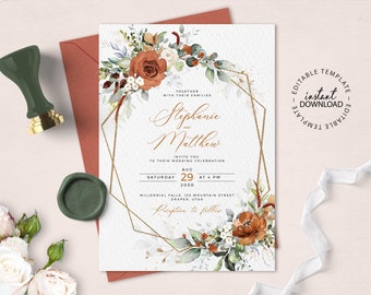 LYRA - Editable Floral Wedding Invitation Template, INSTANT DOWNLOAD, Burnt Orange Wedding Invite, Faux Gold Hexagon Invites,  W179