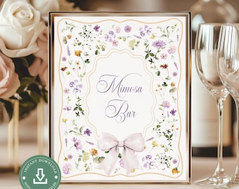 Bord babyshower mauve bloemen mimosareep: baby in bloei feestdecor, bloemen vrijgezellenfeest tafelborden, afdrukbare instant download (W302)