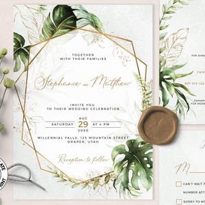 PHAEDRA - Tropical Wedding Invitation Template, Botanical Wedding Invite Set, INSTANT DOWNLOAD, Editable Monstera Greenery Invites, W75