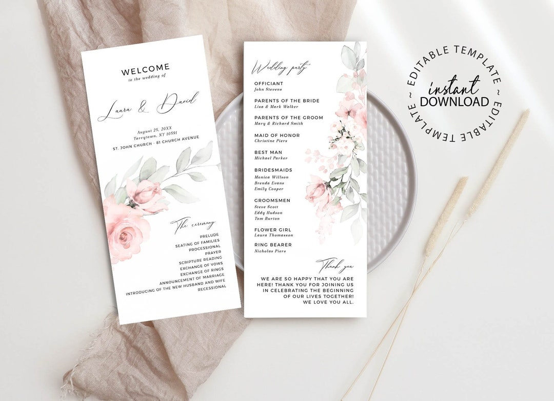 Editable Pale Rose Wedding Program, INSTANT DOWNLOAD, Bridal Party ...