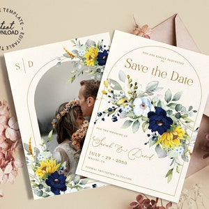 Sunflower Save the Date Template, Arch Floral Save the Dates, INSTANT DOWNLOAD, Editable Blue and Yellow Save the Date Card, Printable, W190