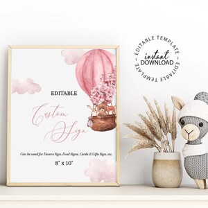 Pink Editable Baby Shower Sign Template, INSTANT DOWNLOAD, Hot Air Balloon Baby Girl Shower Signage, Diy Customizable Sprinkle Poster, W264