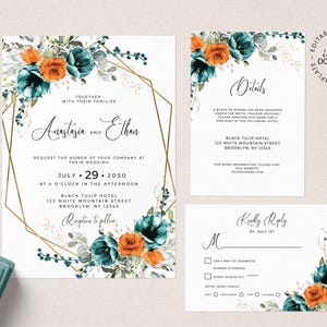 Editable Floral Wedding Invitation Set, INSTANT DOWNLOAD, Orange and Teal Green Wedding Invite Template, Faux Gold Hexagon Invites,  W209
