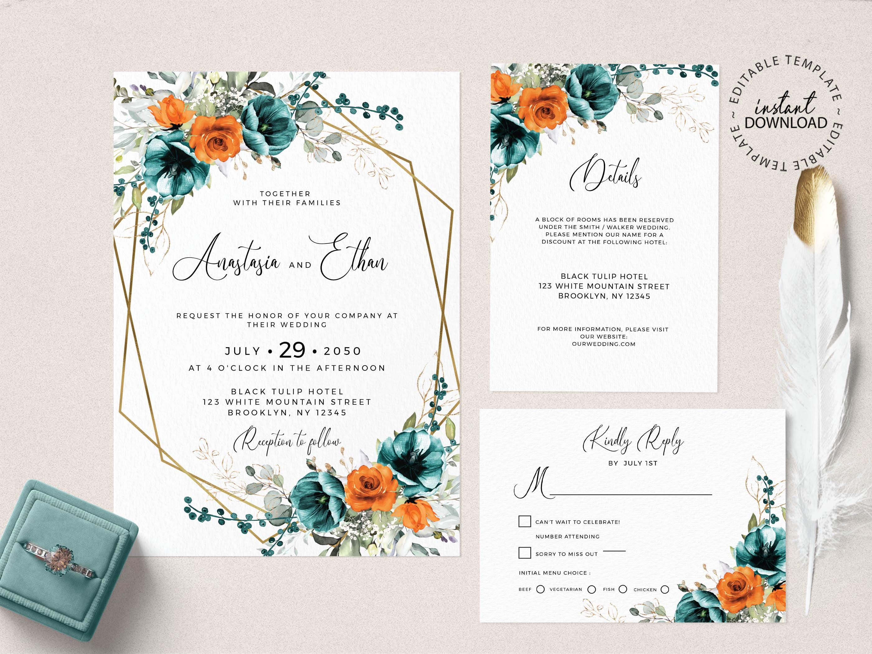 Editable Floral Wedding Invitation Set, INSTANT DOWNLOAD, Orange and Teal Green Wedding Invite Template, Faux Gold Hexagon Invites,  W209