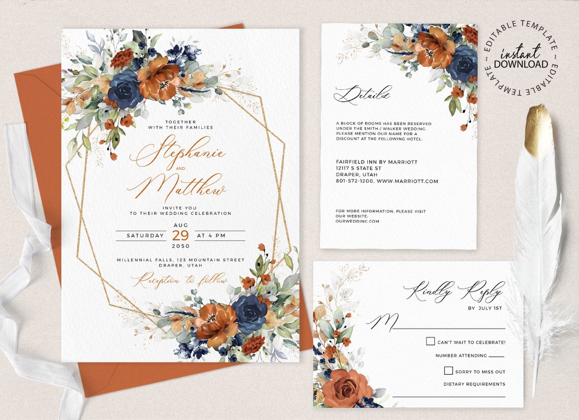 Editable Burnt Orange and Blue Wedding Invitation Set INSTANT image 1