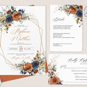 SIA - Editable Burnt Orange and Blue Wedding Invitation Set, INSTANT DOWNLOAD, Orange Floral Wedding Invite Template, Blue Invites, W208