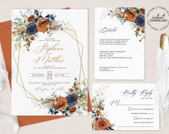 SIA - Editable Burnt Orange and Blue Wedding Invitation Set, INSTANT DOWNLOAD, Orange Floral Wedding Invite Template, Blue Invites, W208